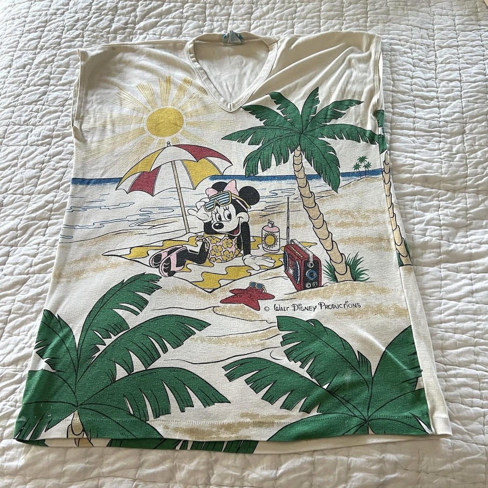 VTG Sunday Comics Disney Minnie Mouse Beach T-Shirt Tunic OSFA 80s Korea AOP
